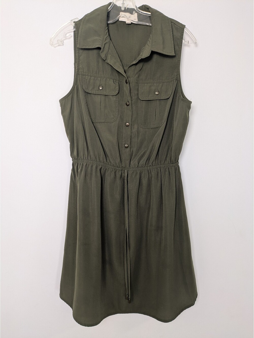 Bebop Olive Green Sleeveless Utility Shirt Dress Elastic Waist Small S Short